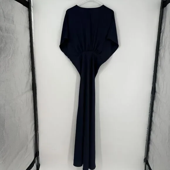 BHLDN Amelia Deep-V Flutter Sleeve Satin Navy Blue Maxi Gown Dress Elegant Sz 14 BHLDN Amelia Deep-V Flutter Sleeve Satin Navy Blue Maxi Gown Dress Elegant Sz 14